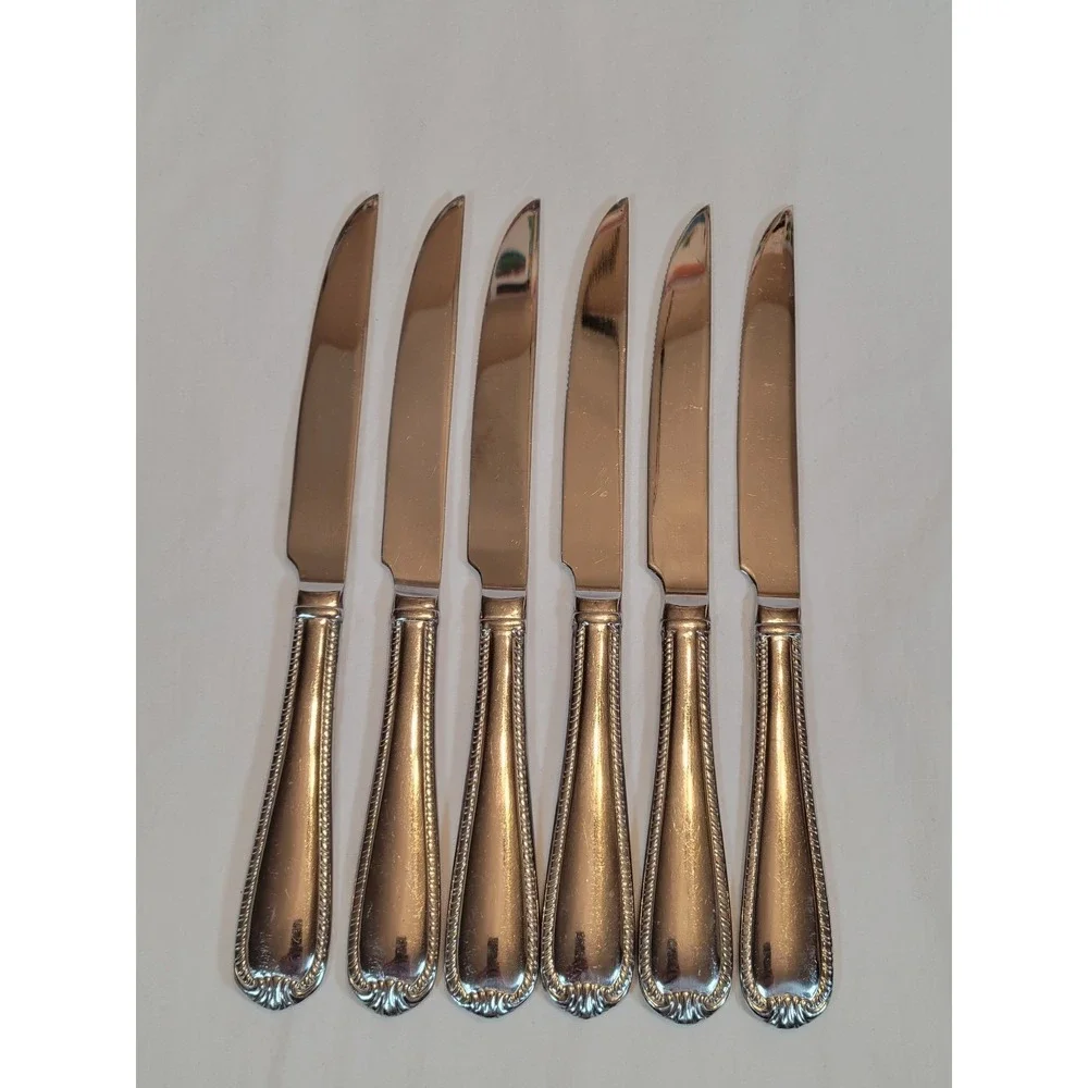 Reed & Barton Domain Steak Knives Set of 6 18/10 Stainless Rope Edge Shell 9.75